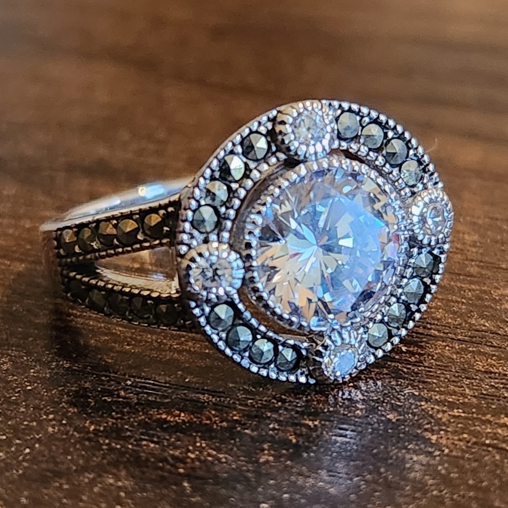 ​💍 VINTAGE 925 Thailand Marcasite CZ Halo Split Shank Ring - Picture 9 of 14